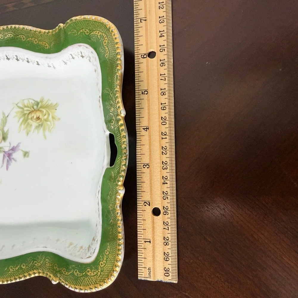 Antique c1900 Porcelain Dresser Tray Green Gold Floral Vanity Serving Tray 12